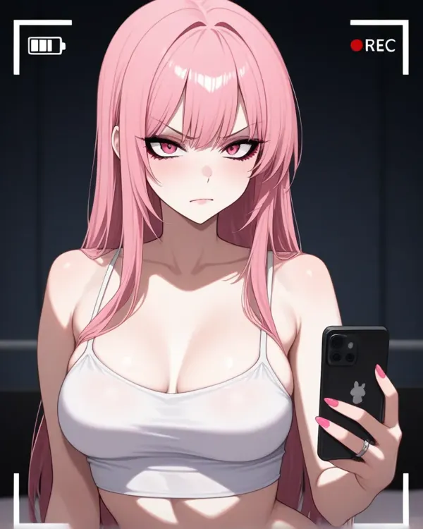 自撮りするピンク髪のアニメAI彼女