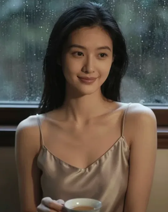 雨の窓辺でくつろぐAI彼女